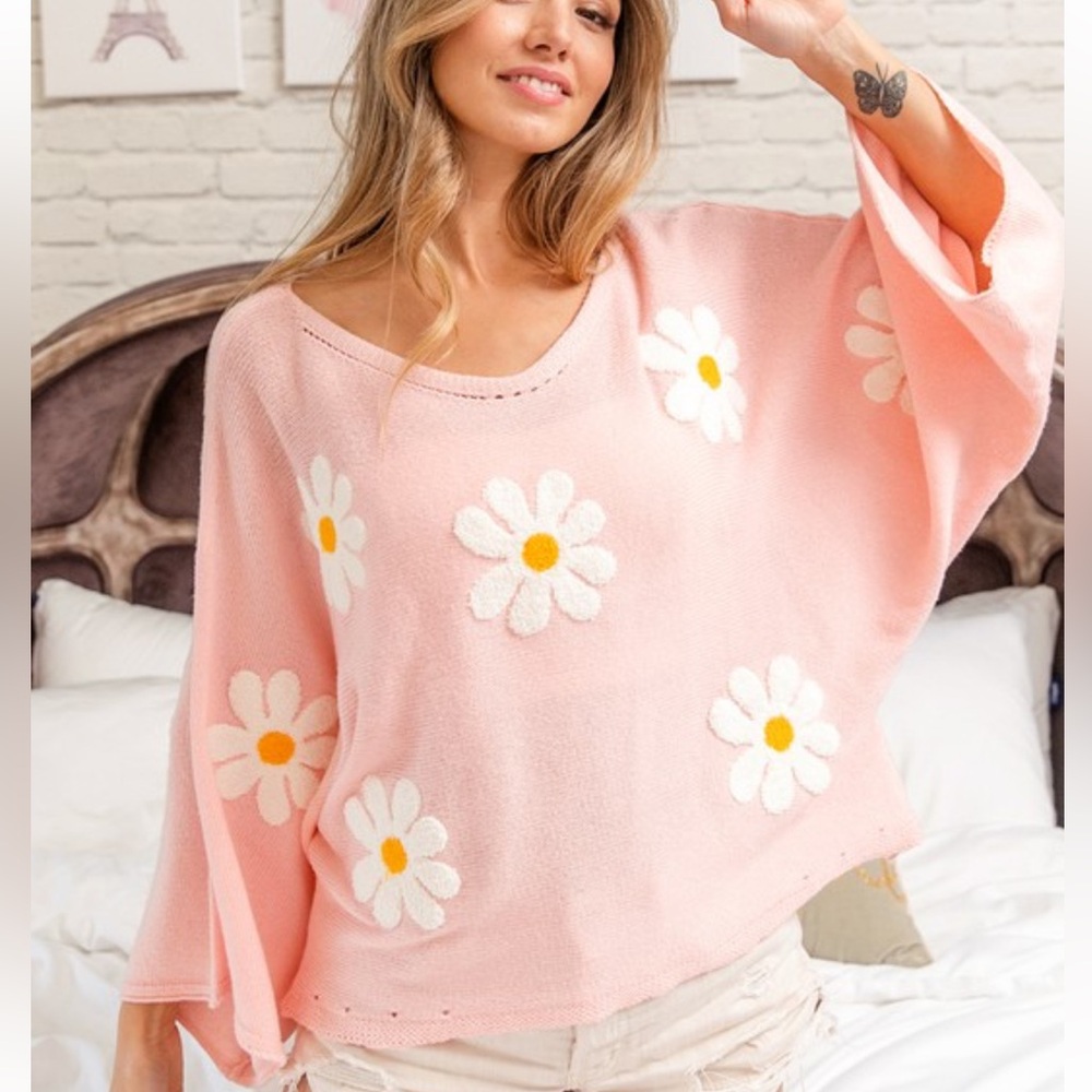 New Fabulous Boho Flower Embroidery Loose Fit Knit Top